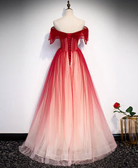 Formal Dresses Outfits, Burgundy Off Shoulder Tulle Long Prom Dress, Burgundy Formal Dress, 1