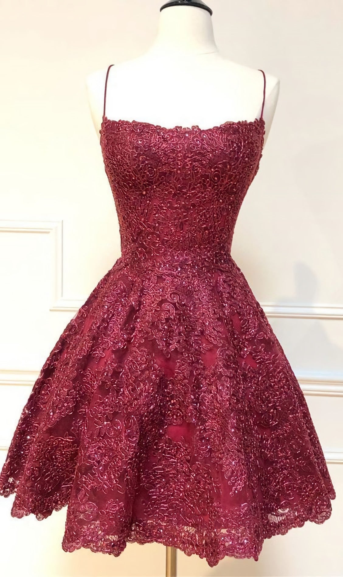Party Dress For Baby, Formal Short Homecoming Dresses, Spaghetti Straps Cocktail Party Dresses, Burgundy Lace Homecoming Dresses, 2476