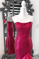 Formal Dresses For Teens, Fuchsia Sequin Feather Strapless Mermaid Long Prom Dress with Slit