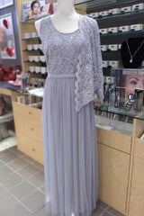 Party Dress Fashion, Two-Piece Grey Lace Chiffon Round Neck A-Line Formal Dress with Cardigan