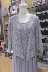 Party Dress Short, Two-Piece Grey Lace Chiffon Round Neck A-Line Formal Dress with Cardigan