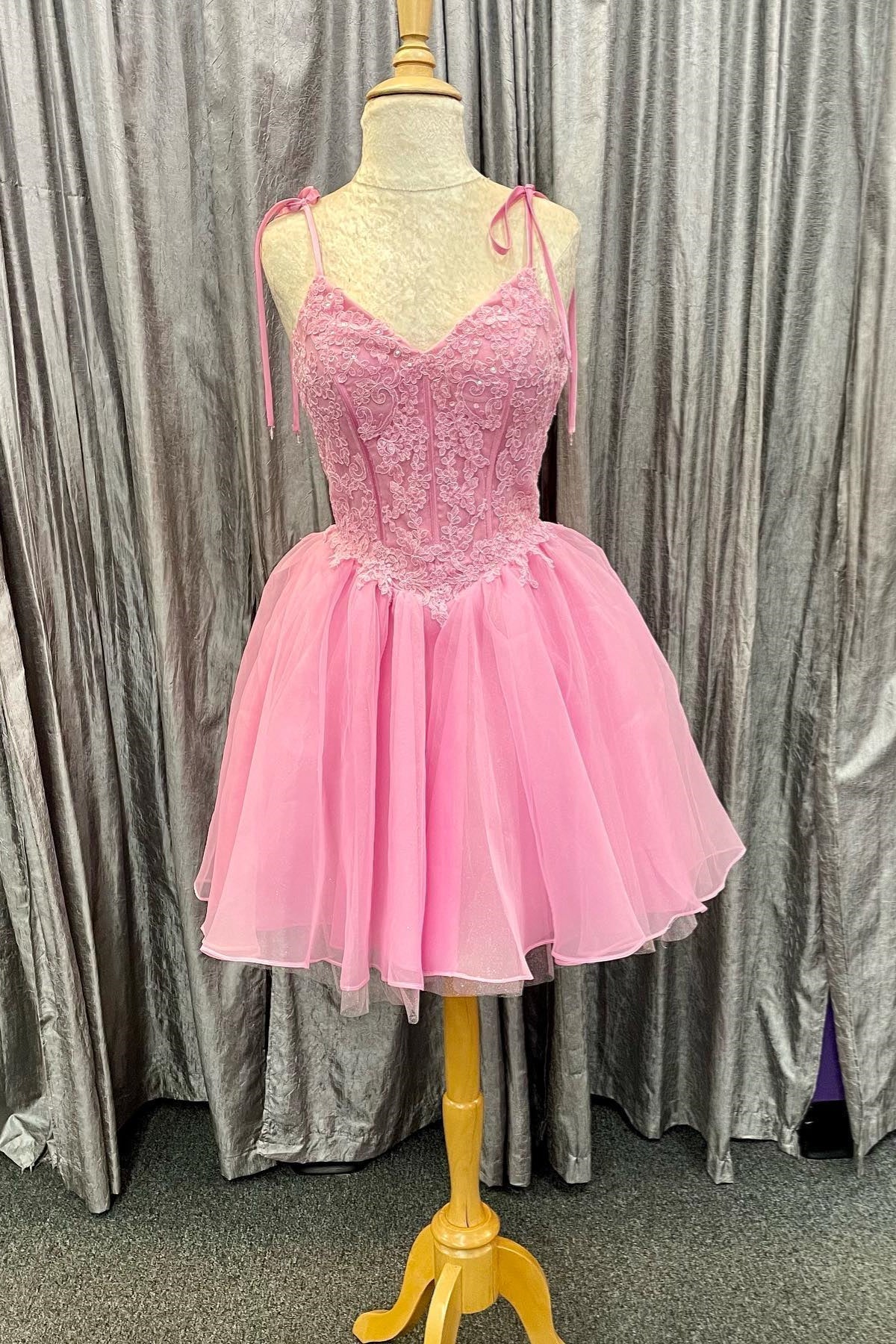 Prom Dress Open Back, Pink Bow Tie Shoulder Appliques Tulle V Neck Homecoming Dress