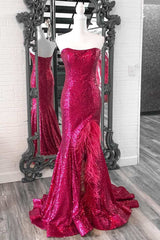 On Piece Dress, Fuchsia Sequin Feather Strapless Mermaid Long Prom Dress with Slit