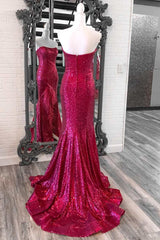 Formal Dresses Long, Fuchsia Sequin Feather Strapless Mermaid Long Prom Dress with Slit