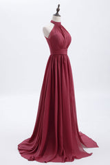 Glam Dress, High Neck Burgundy Chiffon A-line Long Bridesmaid Dress