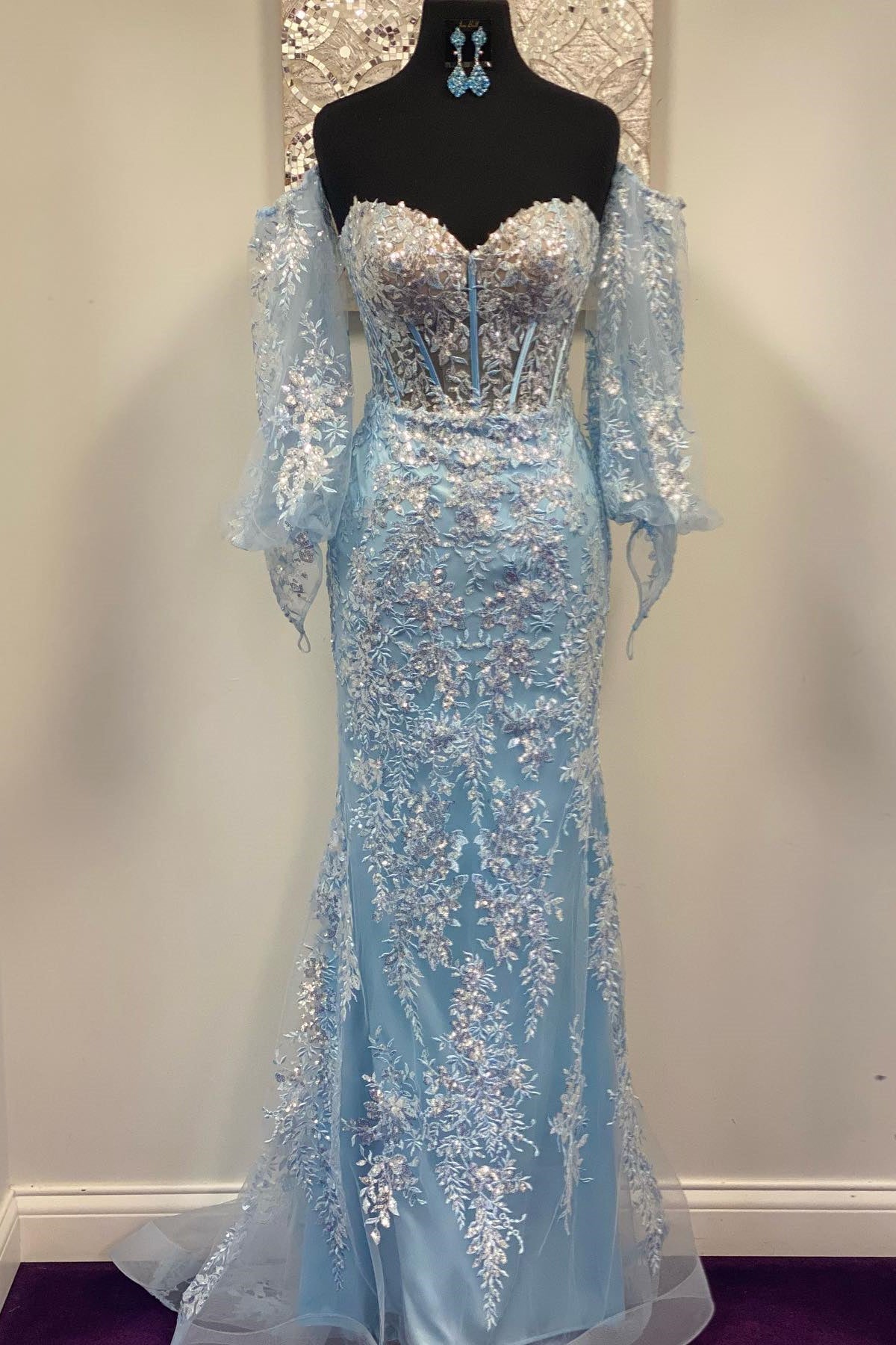 Flower Girl, Light Blue Off-Shoulder Floral Appliques Mermaid Long Prom Dress