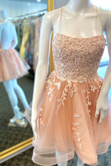 Prom Dresses Yellow, Peach Appliques Lace-Up Back A-Line Short Party Dress