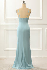 Dinner Dress, Satin Spaghetti Straps Blue Simple Prom Dress