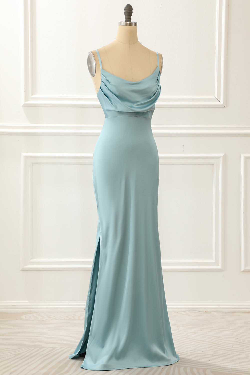 Mermaid Prom Dress, Satin Spaghetti Straps Blue Simple Prom Dress