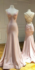 Black Dress Classy, Mermaid Trumpet Prom Dress, Pink Satin Criss Cross Long Evening Gowns 2891