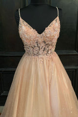 Prom Dress Style, Blush Pink Appliques Straps V Neck A-line Long Prom Dress