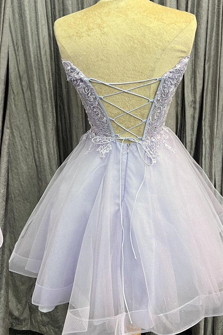 Party Dresses Sales, Lavender Strapless Appliques Tulle Lace-Up Homecoming Dress