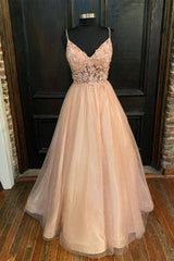 Prom Dress On Sale, Blush Pink Appliques Straps V Neck A-line Long Prom Dress