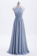 Bridesmaids Dress Designs, Misty Blue Scoop Chiffon A-line Long Bridesmaid Dress