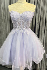 Party Dresses Near Me, Lavender Strapless Appliques Tulle Lace-Up Homecoming Dress