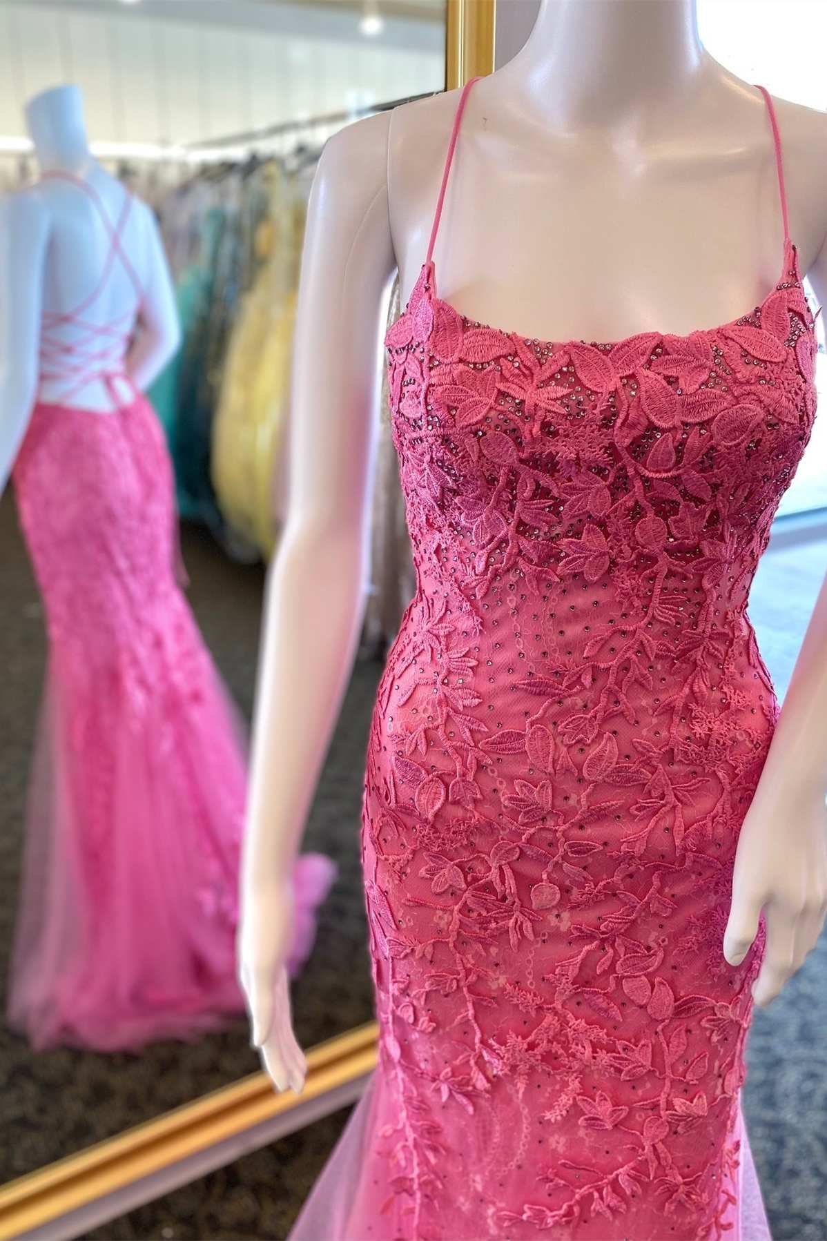 Winter Dress, Hot Pink Appliques Beaded Lace-Up Back Mermaid Long Formal Dress