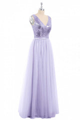 Party Dress Hair Style, Lavender Sequin V-Neck Backless A-Line Long Dress