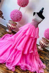 Elegant Dress Classy, Hot Pink Beaded Top One Shoulder Layers Long Prom Dress