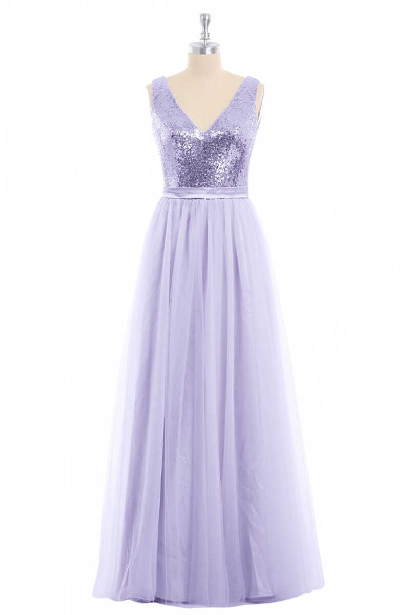 Party Dress Dress Up, Lavender Sequin V-Neck Backless A-Line Long Dress