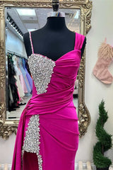 Prom Dress Light Blue, Asymmetrical Magenta Beaded Long Formal Dress with Attached Train