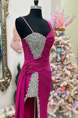 Prom Dress Country, Asymmetrical Magenta Beaded Long Formal Dress with Attached Train