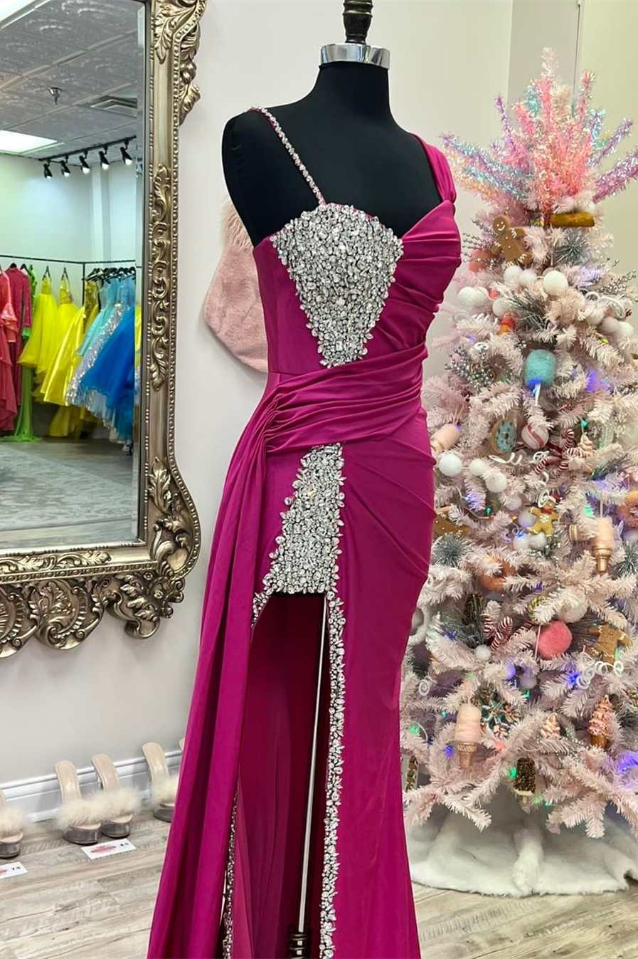 Prom Dress Champagne, Asymmetrical Magenta Beaded Long Formal Dress with Attached Train