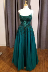 Party Dress India, Hunter Green Floral Lace Scoop Neck A-Line Prom Dress