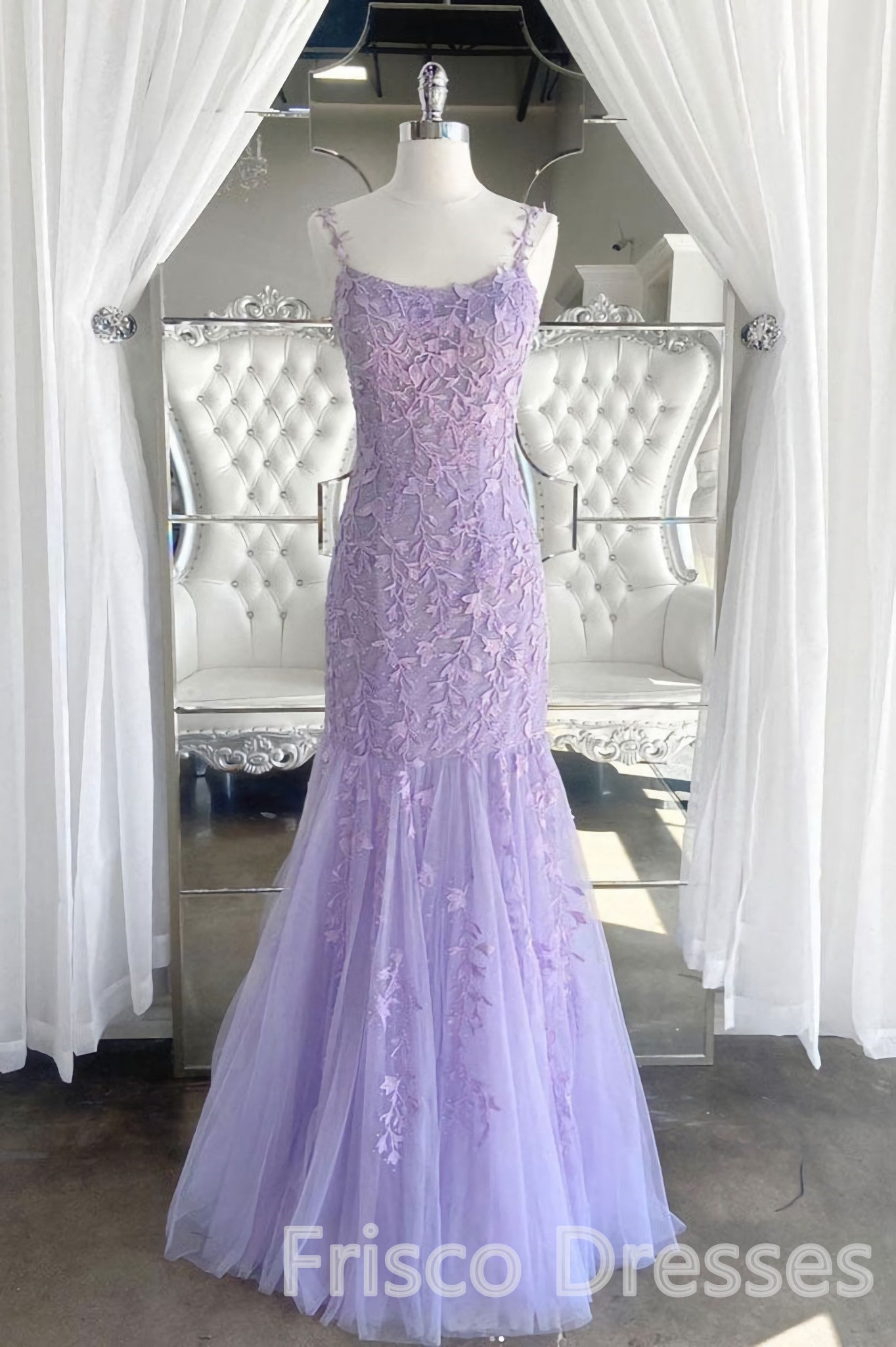 Evening Dress Long Sleeve Maxi, Lilac Spaghetti Straps Long Lace Tulle Evening Dresses Mermaid Appliques Prom Dresses