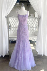Evening Dresses Fitted, Lilac Spaghetti Straps Long Lace Tulle Evening Dresses Mermaid Appliques Prom Dresses