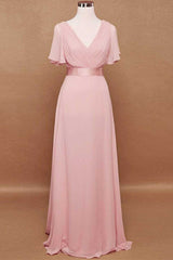 Prom Dress Outfit, Pink V-Neck Ruffled A-Line Long Bridesmaid Dress