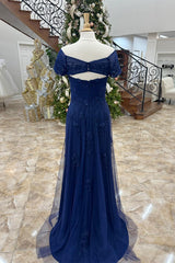 Homecoming Dresses Styles, Dark Blue Off-Shoulder Floral A-line Long Mother of Brides Dress