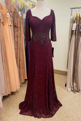 Prom Dress Cheap, Burgundy Lace Beaded Half Sleeves Long Mother of Bride Dress