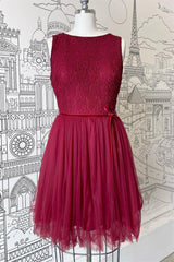 Cute Dress, A-line Scoop Neck Tulle Lace Mini Bridesmaid Dress with Sash
