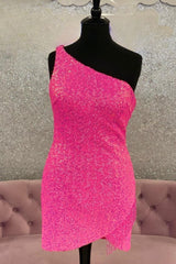 Club Outfit, Hot Pink One Shoulder Sequins Straps Sheath Homecoming Dress with Tassels