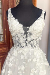 Wedding Dress 2026, White Floral Lace Backless A-Line Wedding Dress with Slit