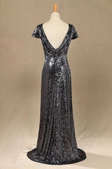 Prom Dresses 2038 Short, Black Sequin Cap Sleeve Backless Long Bridesmaid Dress
