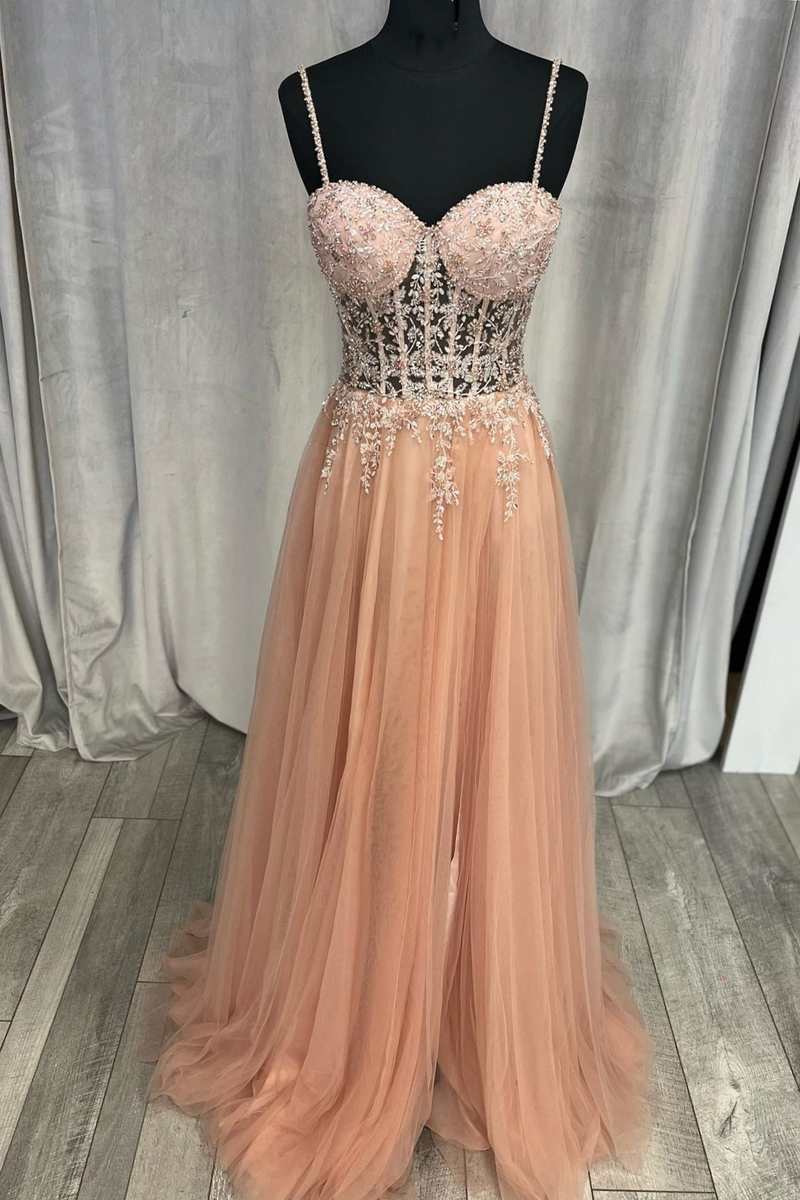 Prom Dress Elegant, Princess Peach Tulle Rhinestones Corset A-Line Prom Gown