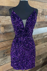 Homecoming Dresses Sparkle, Purple Sequin Plunge V Lace-Up Short Party Dress