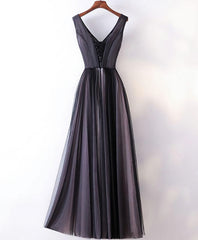 Bridesmaid Dress With Sleeve, Black V Neck Lace Applique Tulle Long Prom Dress, Black Evening Dress