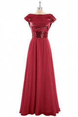 Prom Dress Inspiration, Burgundy Sequin Cap Sleeve Backless A-Line Bridesmaid Dress
