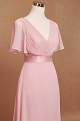 Prom Dress Outfits, Pink V-Neck Ruffled A-Line Long Bridesmaid Dress
