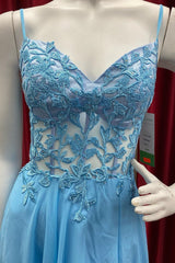 Sun Dress, Sky Blue Chiffon Floral Keyhole A-line Long Prom Dress