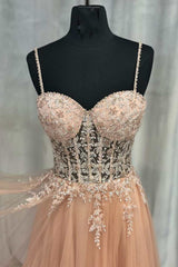 Prom Dresses Casual, Princess Peach Tulle Rhinestones Corset A-Line Prom Gown