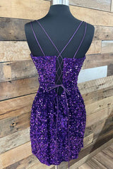 Homecoming Dress Pockets, Purple Sequin Plunge V Lace-Up Short Party Dress
