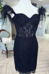 Prom Dresses Long With Slit, Black Lace Feather Sweetheart Short Party Dress