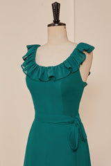 Party Dresses Prom, Teal Ruffled Neck A-line Long Bridesmaid Dress with Sash