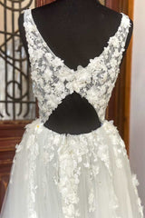 Wedding Dresses Cheaper, White Floral Lace Backless A-Line Wedding Dress with Slit