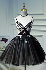 Fairytale Dress, A-Line Flower Black Lace-Up Short Homecoming Dress