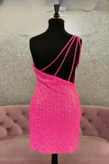 Party Dress Code Ideas, Hot Pink One Shoulder Sequins Straps Sheath Homecoming Dress with Tassels