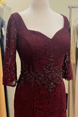 Prom Dress Beautiful, Burgundy Lace Beaded Half Sleeves Long Mother of Bride Dress